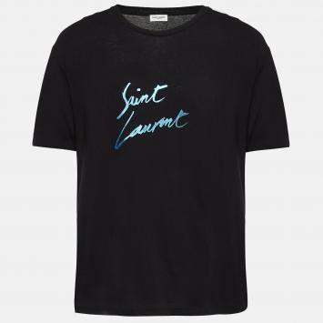 Pre Owned Saint Laurent Paris Black Logo Signature Print Cotton T-Shirt S