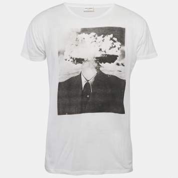 Pre Owned Saint Laurent White Printed Jersey Crew Neck T-Shirt S