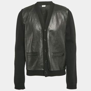 Pre Owned Saint Laurent Paris Black Wool Knit and Leather Jacket XL
