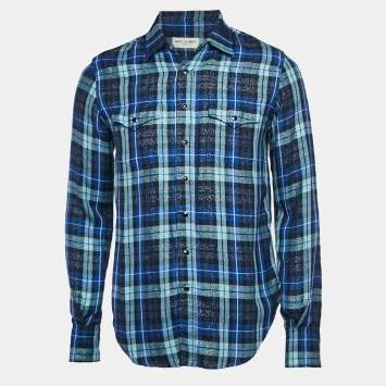 Saint Laurent Blue/Metallic Lurex Plaid Flannel Shirt L