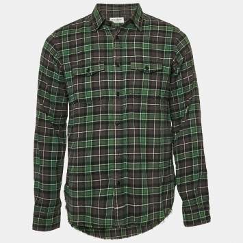 Pre Owned Saint Laurent Paris Green Checked Cotton Raw Edge Shirt XS
