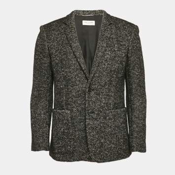 Pre Owned Saint Laurent Grey Herringbone Tweed Double Pea Coat M