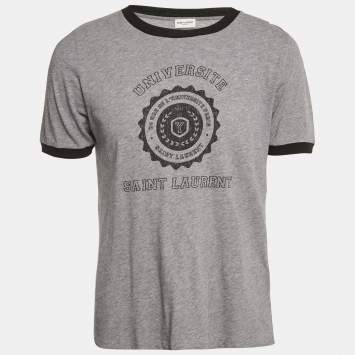 Saint Laurent Grey Printed Cotton Crew Neck T-Shirt S