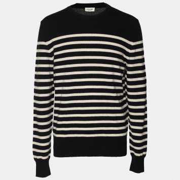 Saint Laurent Black/White Stripe Print Cashmere Knit Sweatshirt L