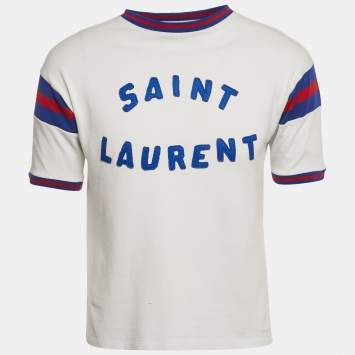 Pre Owned Saint Laurent Paris White Logo Applique Jersey Crewneck T-Shirt M