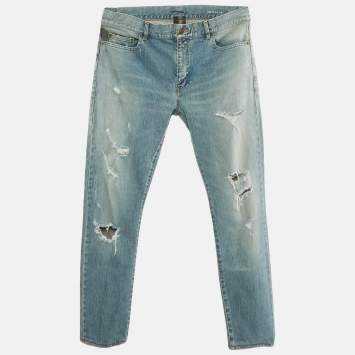 Pre Owned Saint Laurent Blue Distressed Denim Low Waist Jeans XL
