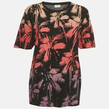 Pre Owned Saint Laurent Paris Black Palm Print Cotton T-Shirt XS 