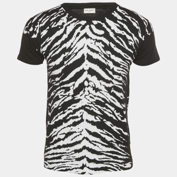 Pre Owned Saint Laurent Black Animal Print Jersey T-Shirt XS