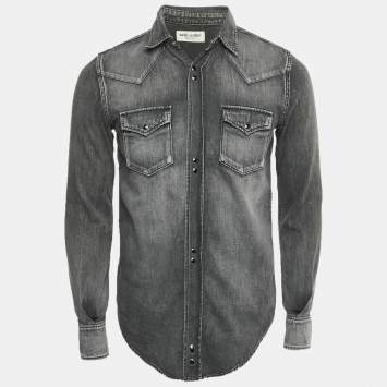 مملوكة مسبقًا قميص دنيم بأزرار سان لوران باريس أسود مقاس وسط