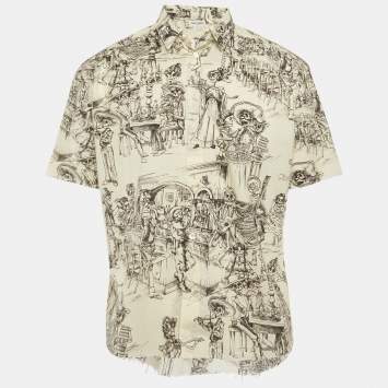 Pre Owned Saint Laurent Paris Cream Printed Cotton Distressed Shirt L