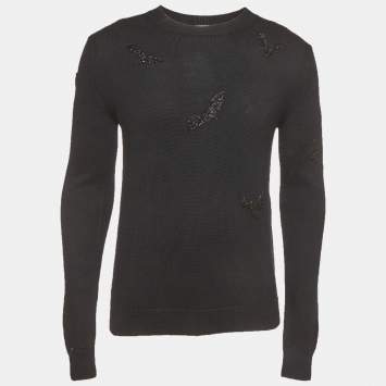 Pre Owned Saint Laurent Paris Black Knit Bat Embellished Patch Sweater L