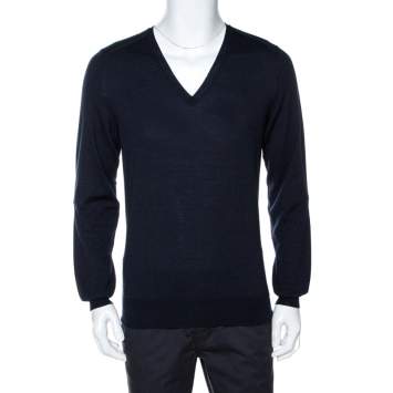 Pre Owned Saint Laurent Paris Navy Blue Wool V Neck Sweater XL
