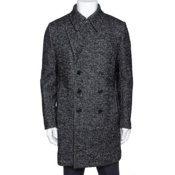 Pre Owned Saint Laurent Paris Monochrome Chevron Tweed Double Breasted Pea Coat L 
