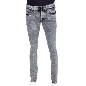 Pre Owned Saint Laurent Paris Grey Acid Wash Denim Embroidered Logo Slim Fit Jeans M 