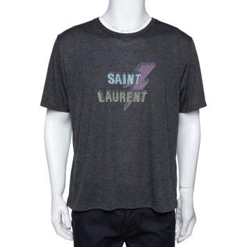 Pre Owned Saint Laurent Paris Grey Jersey Lightning Bolt Print T Shirt L