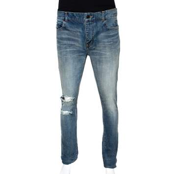 Pre Owned Saint Laurent Paris Blue Light Wash Distressed Denim Jeans M