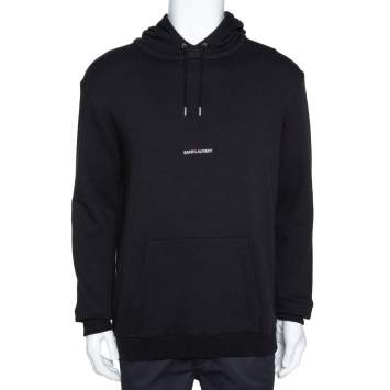 Pre Owned Saint Laurent Black Logo Print Cotton Hooded Sweatshirt L