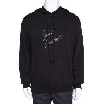 Pre Owned Saint Laurent Paris Black Animal Logo Print Cotton Distressed Hoodie M
