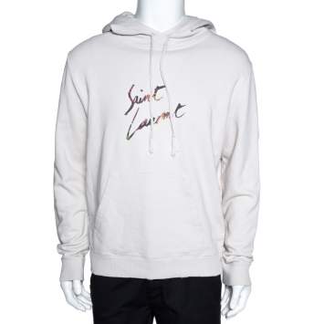 Pre Owned Saint Laurent Paris Dirty Ecru Cotton Distressed Signature Logo Hoodie M