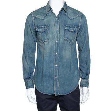 Pre Owned Saint Laurent Paris Blue Dark Wash Denim Button Front Shirt M