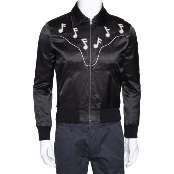 Pre Owned Saint Laurent Paris Black Musical Note Embroidered Satin Teddy Jacket XS