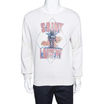 Pre Owned Saint Laurent Paris Ecru Robot Aged Print Distressed Sweatshirt S
