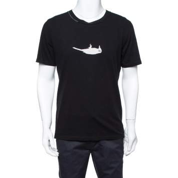 Pre Owned Saint Laurent Paris Black Bird Print Cotton Crew Neck T-Shirt L