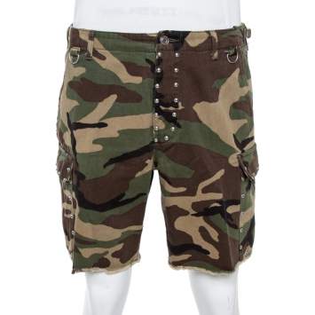 Pre Owned Saint Laurent Paris Green Camouflage Cotton Studded Shorts M