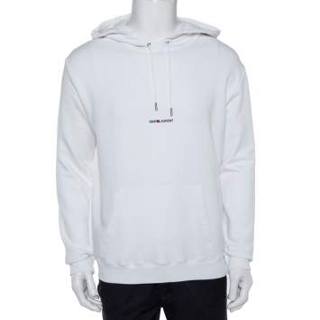 Pre Owned Saint Laurent Paris White Logo Print Cotton Hoodie L