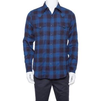 Pre Owned Saint Laurent Paris Navy Blue Plaid Flannel Long Sleeve Shirt L
