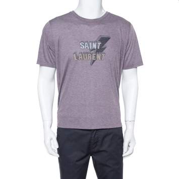 Pre Owned Saint Laurent Paris Purple Thunder Logo Printed Knit T Shirt L