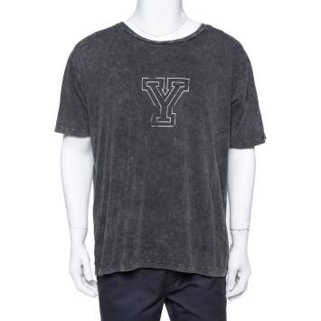 Pre Owned Saint Laurent Paris Black Y Printed Cotton Washed Out Effect T Shirt L