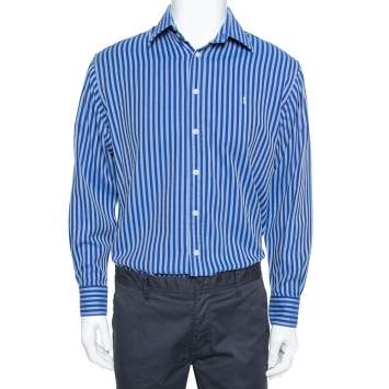 Pre Owned Yves Saint Laurent Navy Blue Striped Cotton Custom Fit Shirt M