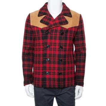 Pre Owned Saint Laurent Paris Red & Black Tartan Plaid Wool & Leather Caban Coat S