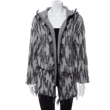 Pre Owned Saint Laurent Paris Grey Ikat Motif Patterned Wool & Linen Hooded Baja Cardigan M