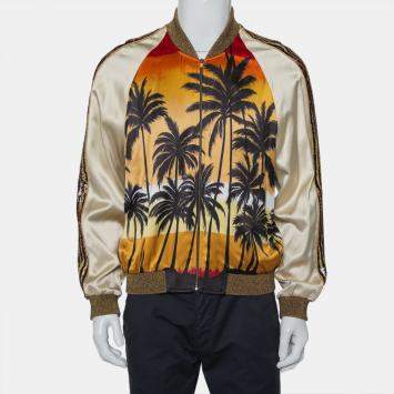 Pre Owned Saint Laurent Paris Cream Palm Tree Printed Satin Lurex Knit Trim Detail Zipper Front Jacket XL