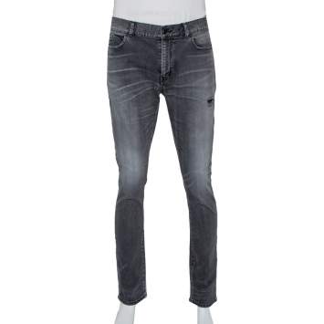 Pre Owned Saint Laurent Paris Grey Faded Denim Distressed Straight Leg Jeans L