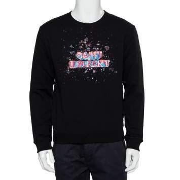 Pre Owned Saint Laurent Paris Black Cotton Embellished Logo Detail Crewneck Sweatshirt M