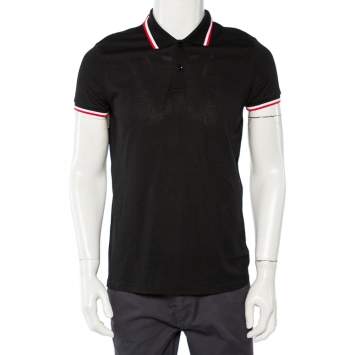 Pre Owned Saint Laurent Paris Black Cotton Pique Stripe Trim Polo T-Shirt L