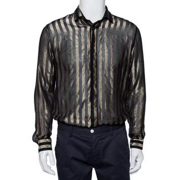 Pre Owned Saint Laurent Paris Black Lurex Striped Silk Button Front Sheer Shirt S