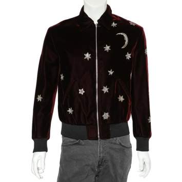 Pre Owned Saint Laurent Paris Burgundy Velvet Moon & Stars Embellished Teddy Jacket M