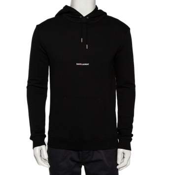 Pre Owned Saint Laurent Paris Black Logo Printed Cotton Knit Hoodie XS