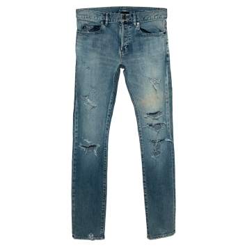 Pre Owned Saint Laurent Paris Blue Washed Out Denim Distressed Jeans S