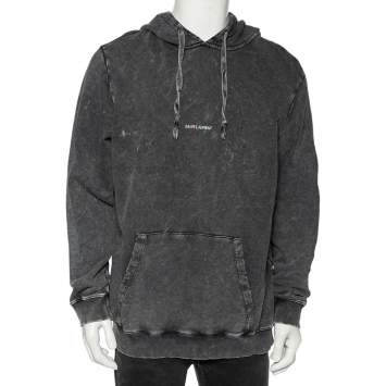Pre Owned Saint Laurent Grey Logo Printed Cotton Distressed Hoodie XL