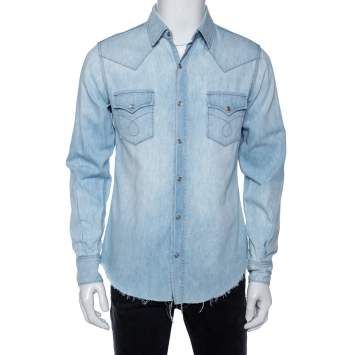 Pre Owned Saint Laurent Light Blue Denim Frayed Hem Shirt M