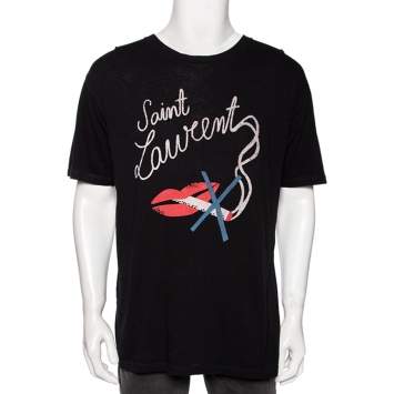 Pre Owned Saint Laurent Black Quit Smoking Printed Cotton Roundneck T-Shirt S