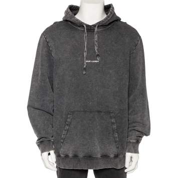 Pre Owned Saint Laurent Grey Distressed Cotton Logo Printed Hoodie XXL