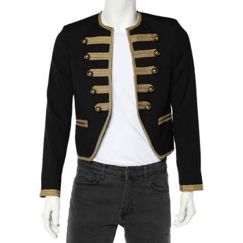 Pre Owned Saint Laurent Black Wool Contrast Trim Military Jacket M