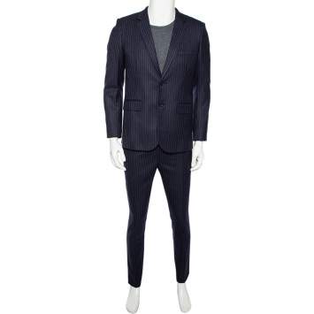 Pre Owned Saint Laurent Navy Blue Striped Wool Single Breasted Suit M