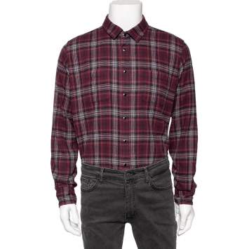 Pre Owned Saint Laurent Burgundy Checked Cotton Button Front Shirt M
